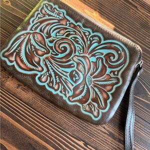 Brown and Turquoise Floral Embossed Clutch
